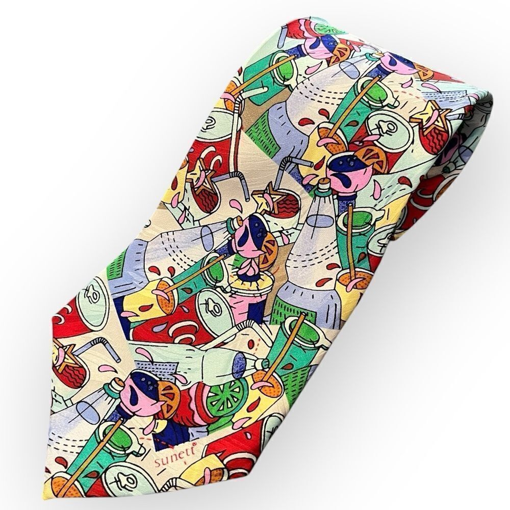 Sunett Reine‎ Seide Silk Tie Margarita Soda Cocktail Print Fun Theme Vacation OS